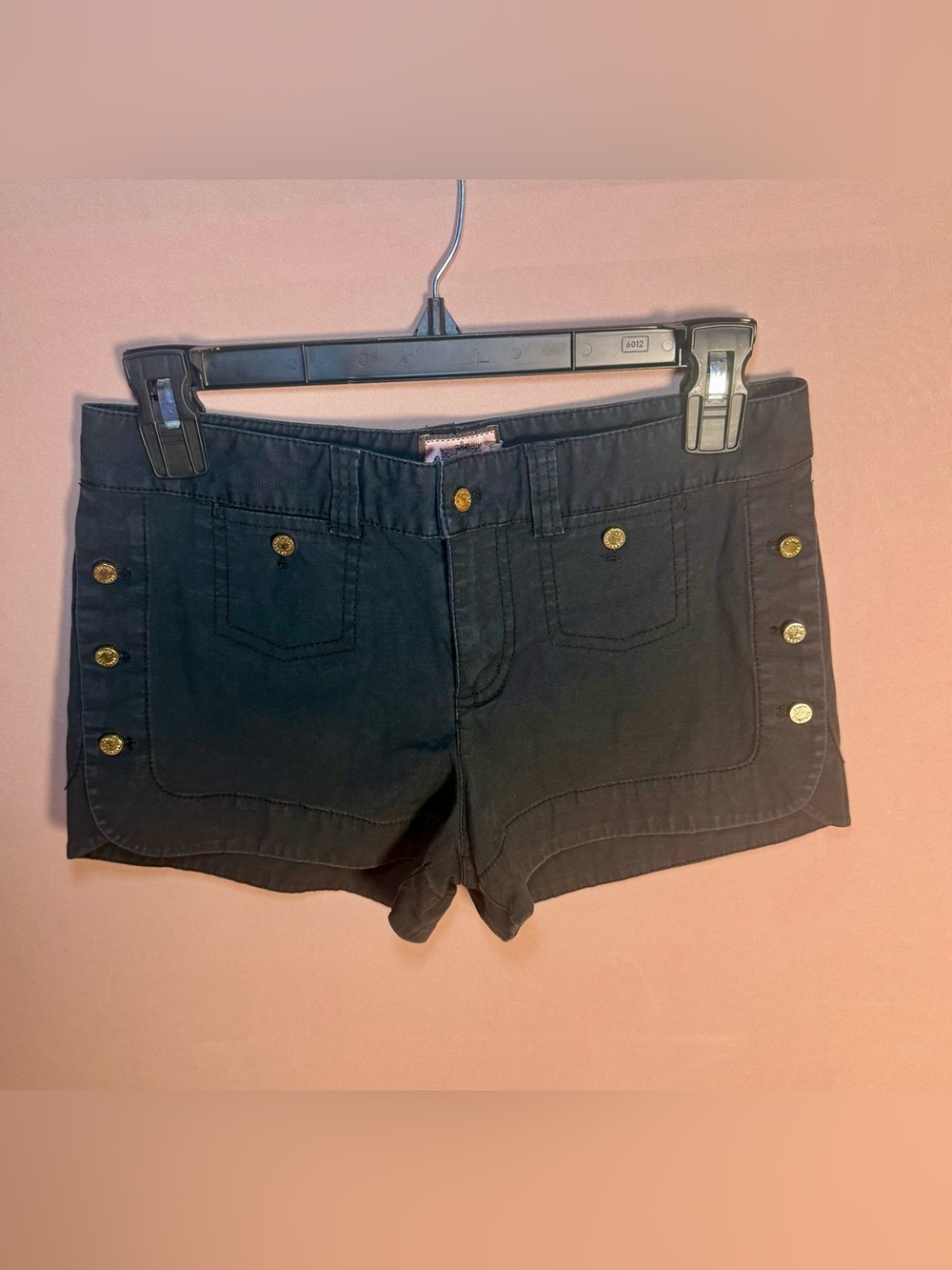 Juicy Couture Y2K Black Cotton Shorts Gold Brass Buttons Size US 0
